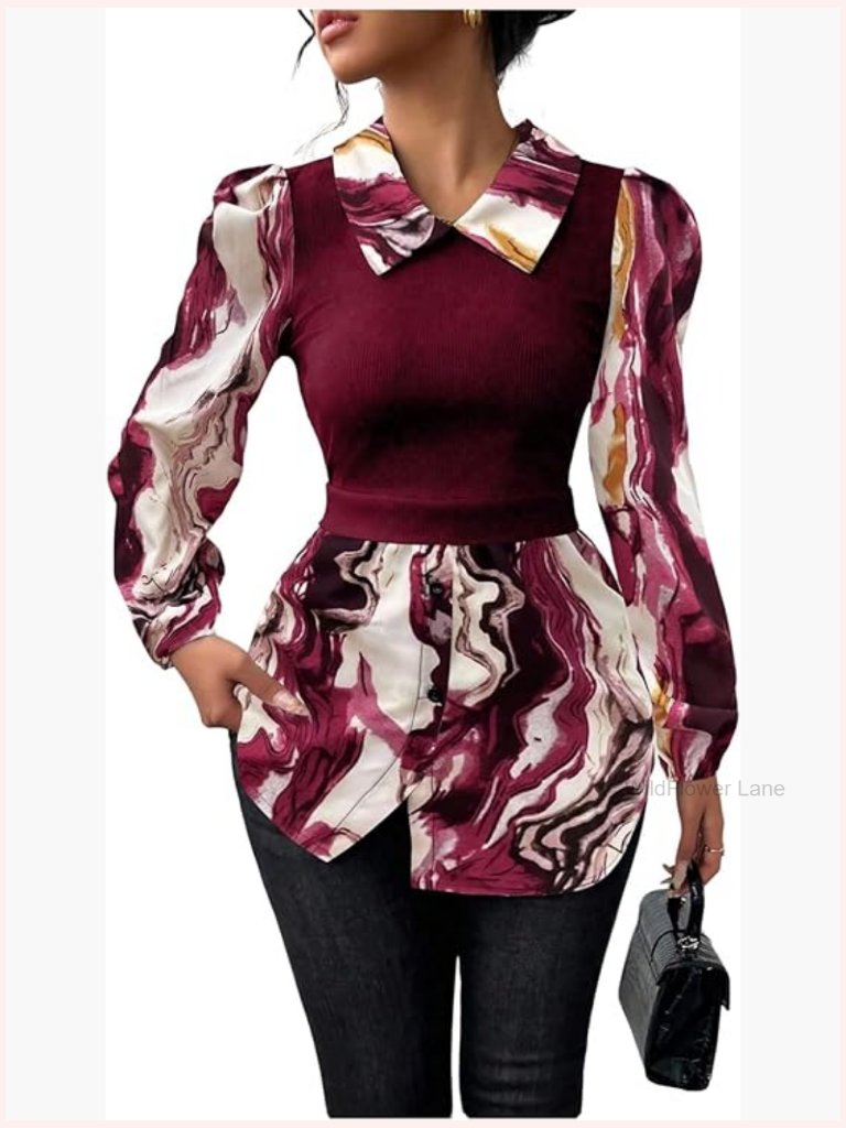 Long Sleeve Peplum Blouse Button Down Collared Shirt